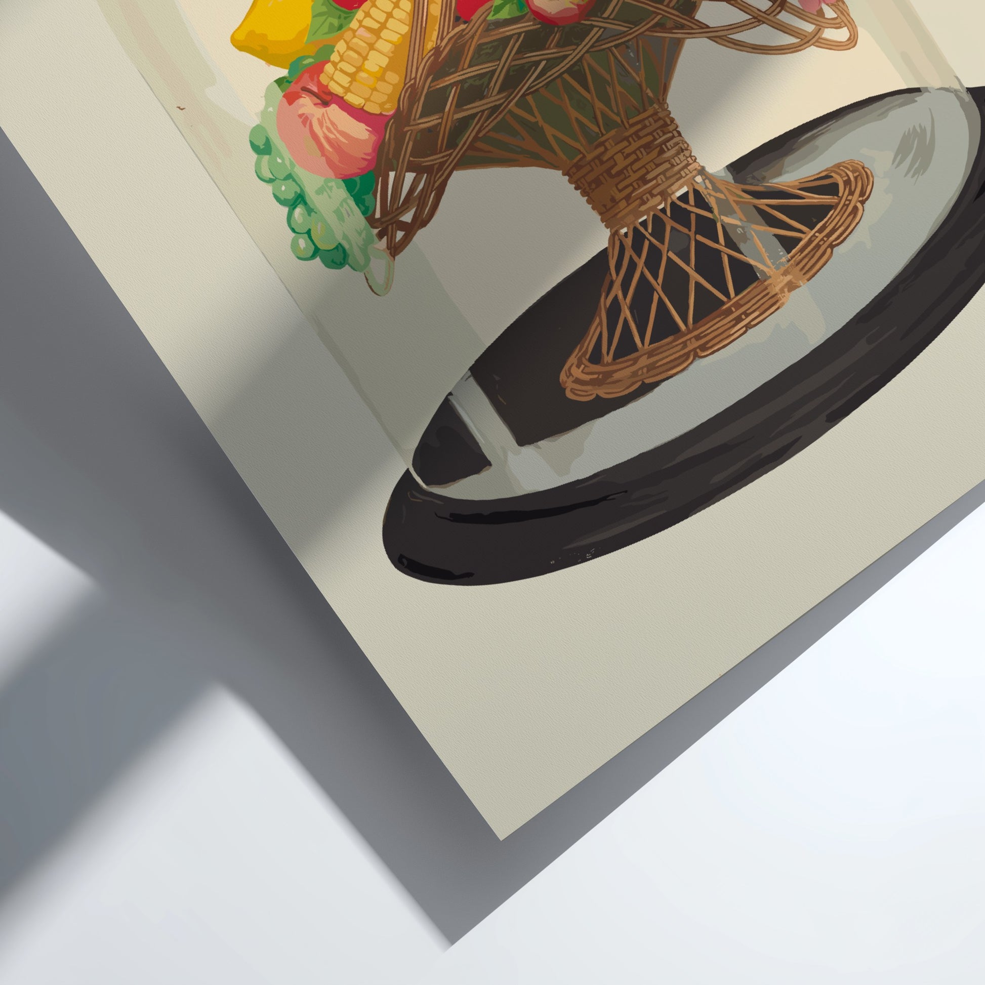 Famous Art Poster of "Ornament, Wax Fruit under Glass Globe" still life with vintage fruit and basket.