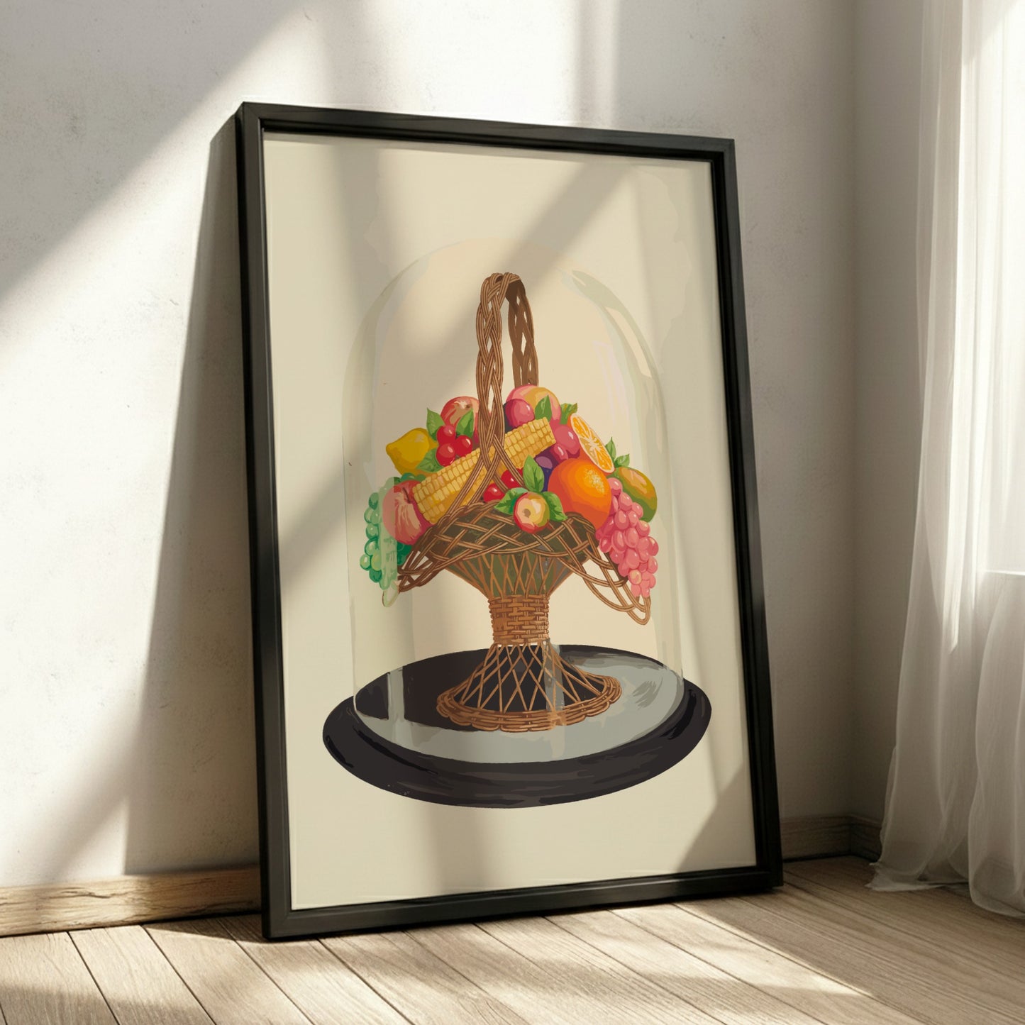 Famous Art Poster of "Ornament, Wax Fruit under Glass Globe" still life with vintage fruit and basket.