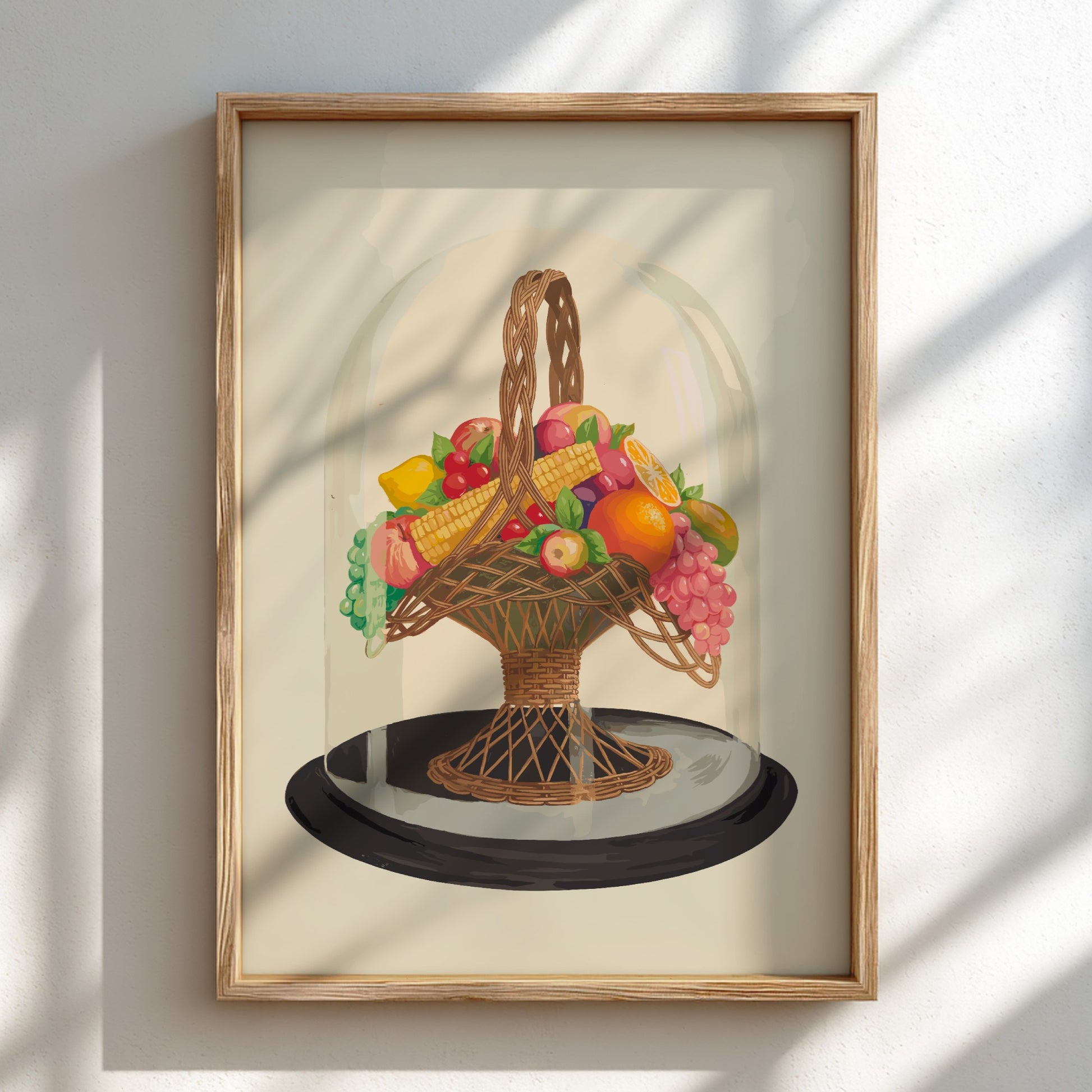Famous Art Poster of "Ornament, Wax Fruit under Glass Globe" still life with vintage fruit and basket.