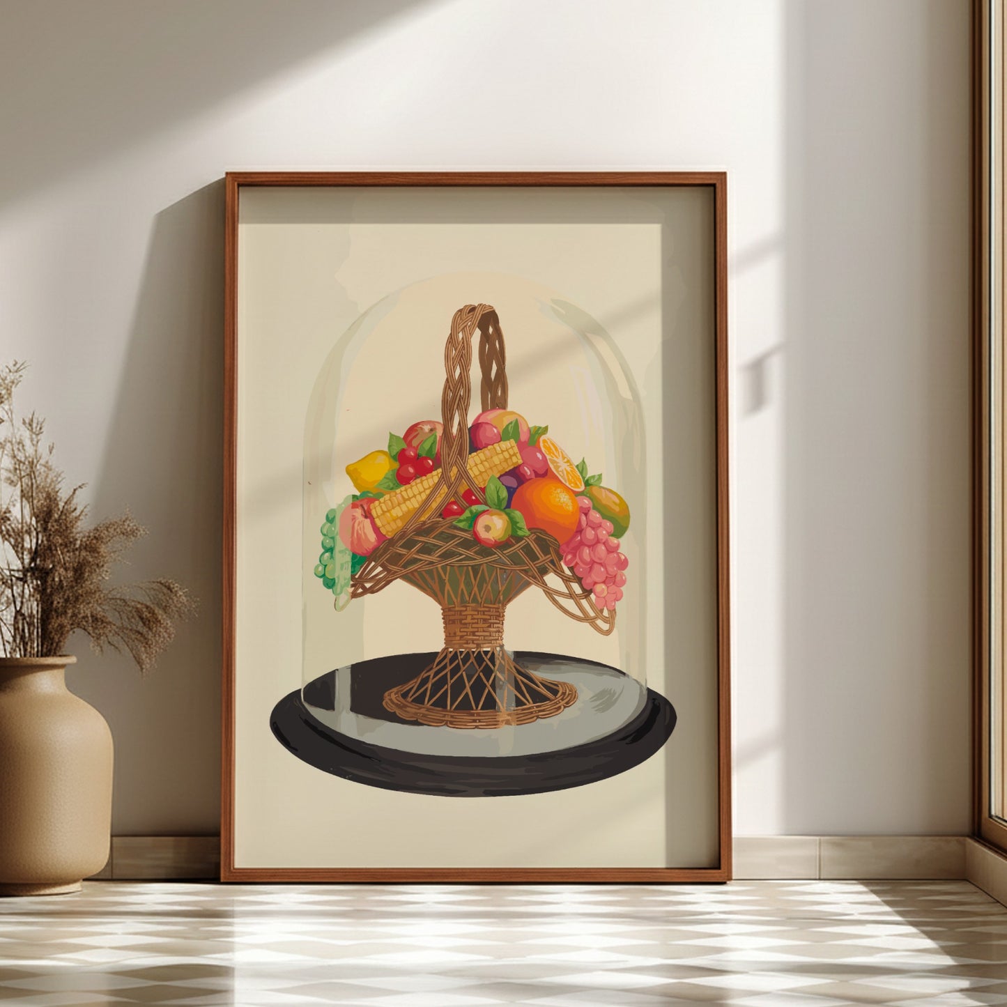 Famous Art Poster of "Ornament, Wax Fruit under Glass Globe" still life with vintage fruit and basket.
