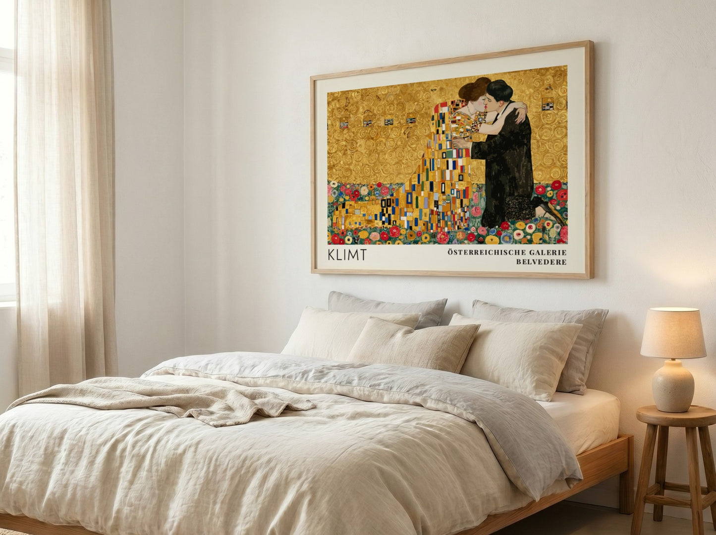 Ornament und Gold wall art print featuring Klimt's romantic embrace in gold tones