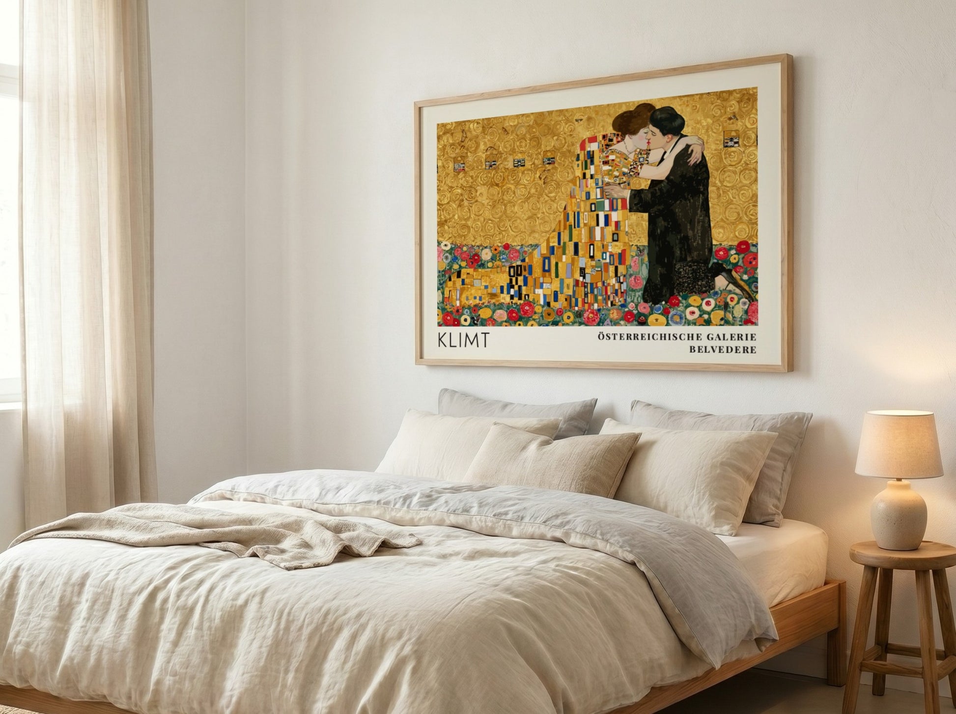 Ornament und Gold wall art print featuring Klimt's romantic embrace in gold tones