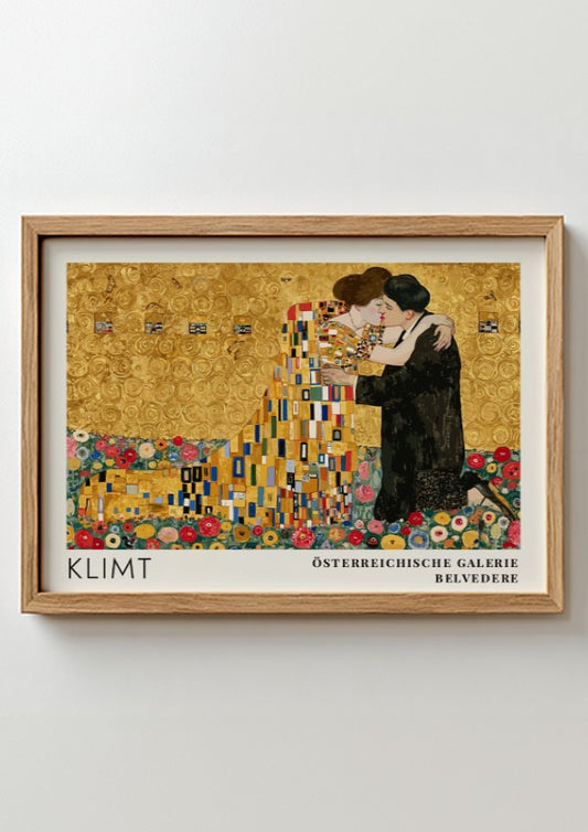 Ornament und Gold wall art print featuring Klimt's romantic embrace in gold tones