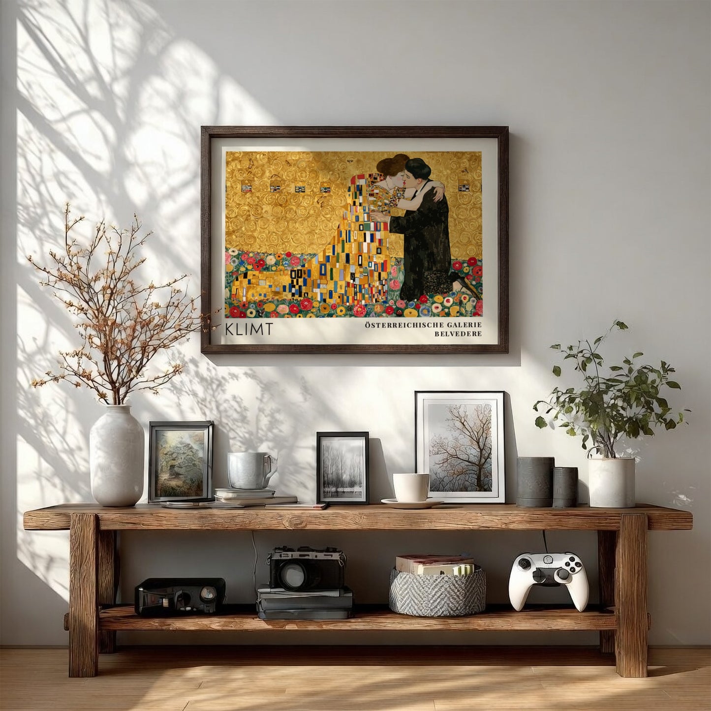 Ornament und Gold wall art print featuring Klimt's romantic embrace in gold tones