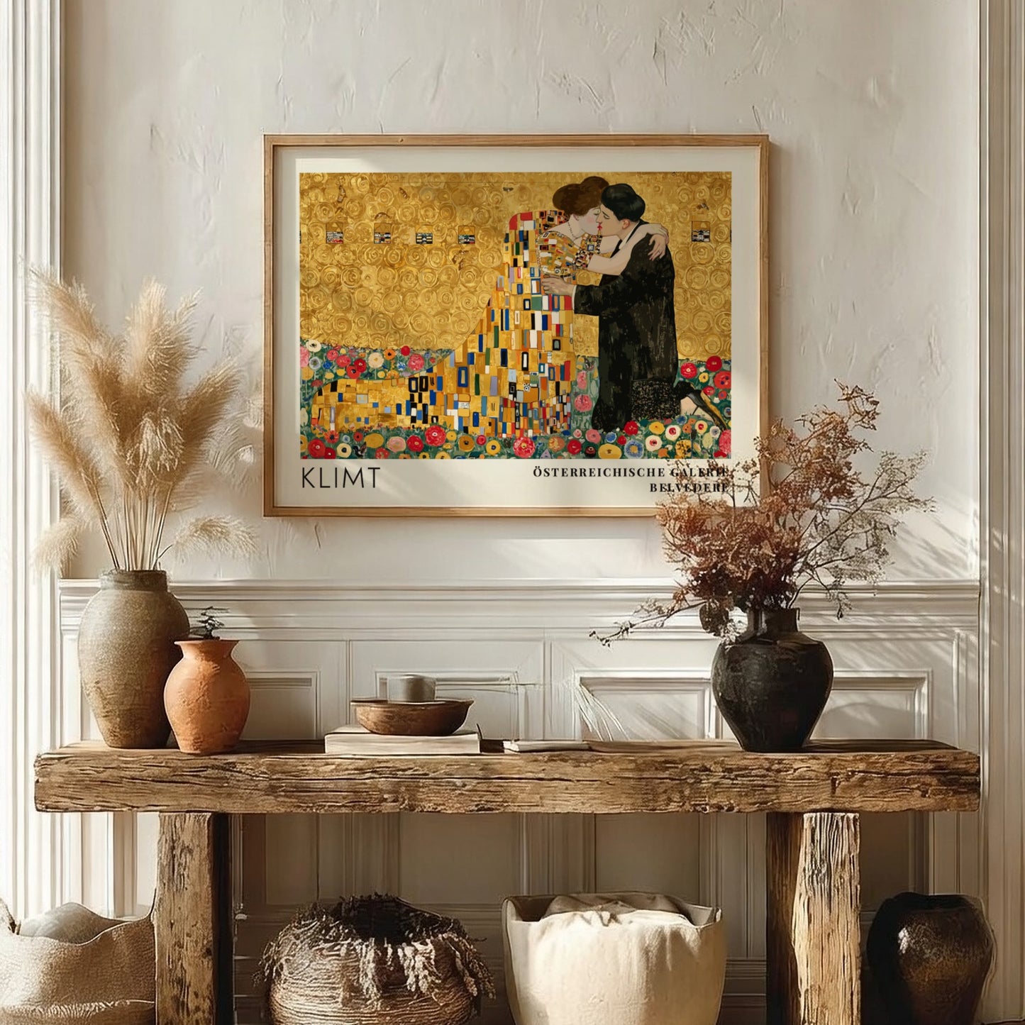 Ornament und Gold wall art print featuring Klimt's romantic embrace in gold tones