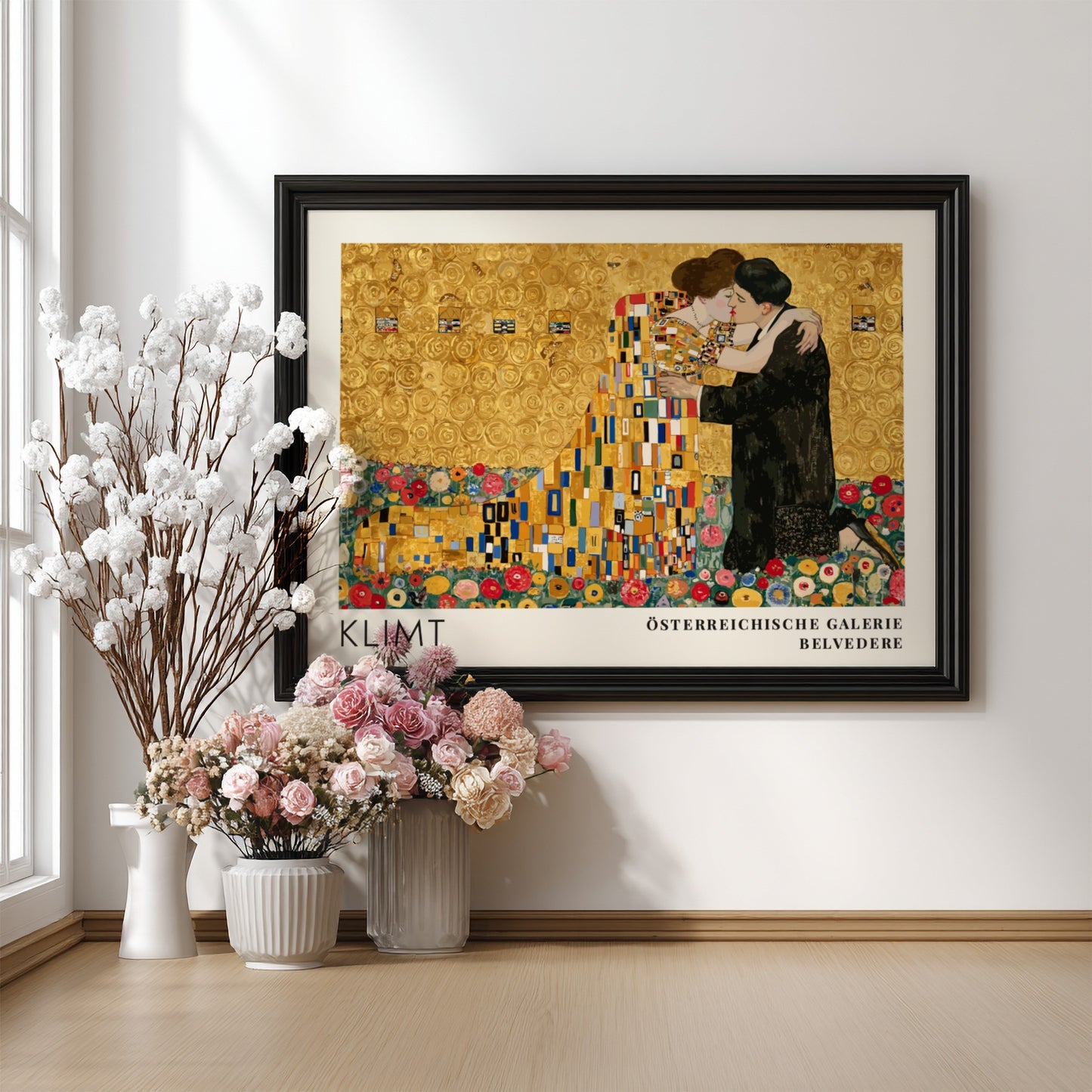 Ornament und Gold wall art print featuring Klimt's romantic embrace in gold tones