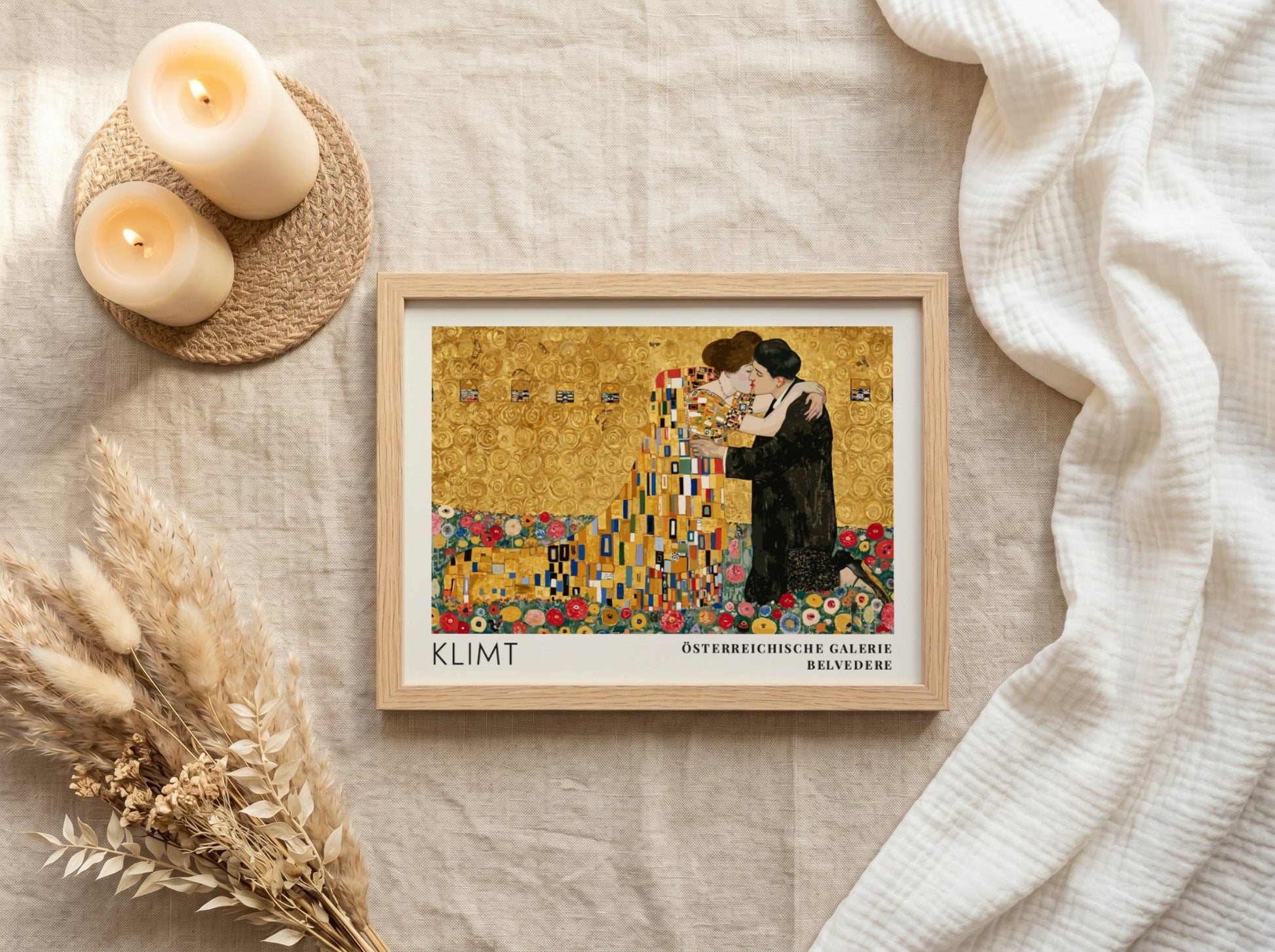 Ornament und Gold wall art print featuring Klimt's romantic embrace in gold tones