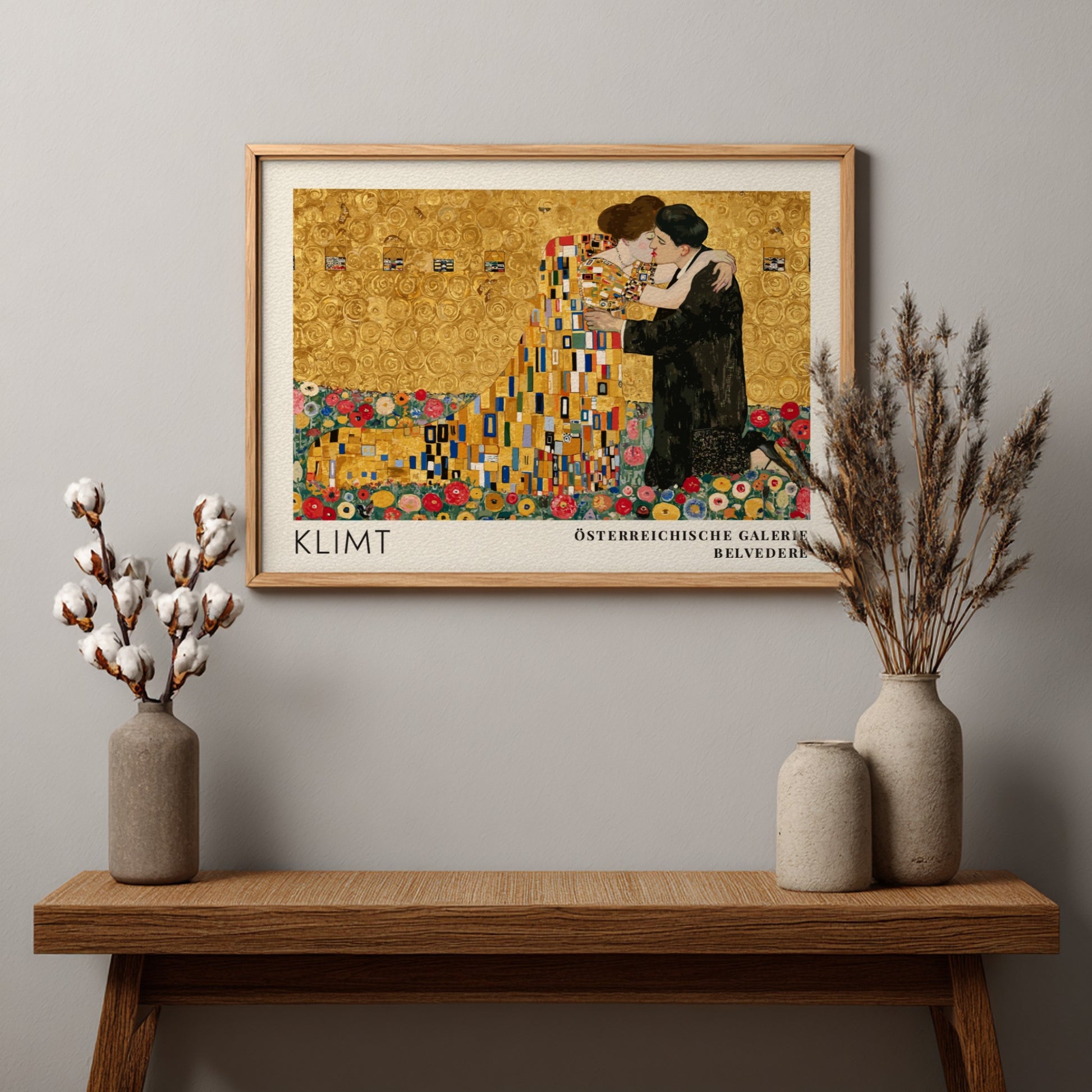 Ornament und Gold wall art print featuring Klimt's romantic embrace in gold tones