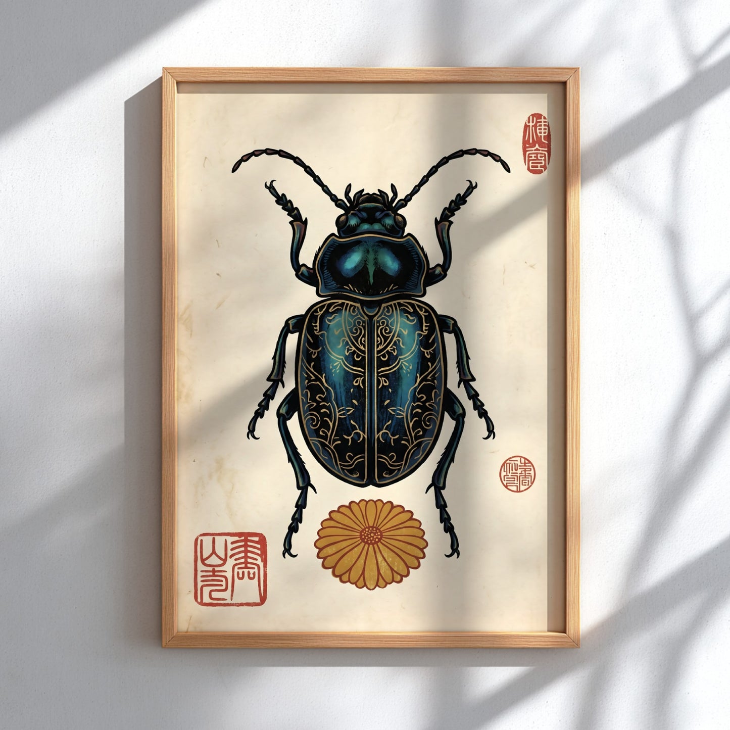 Ornate Blue Beetle Poster - Japanese Art Style Decor