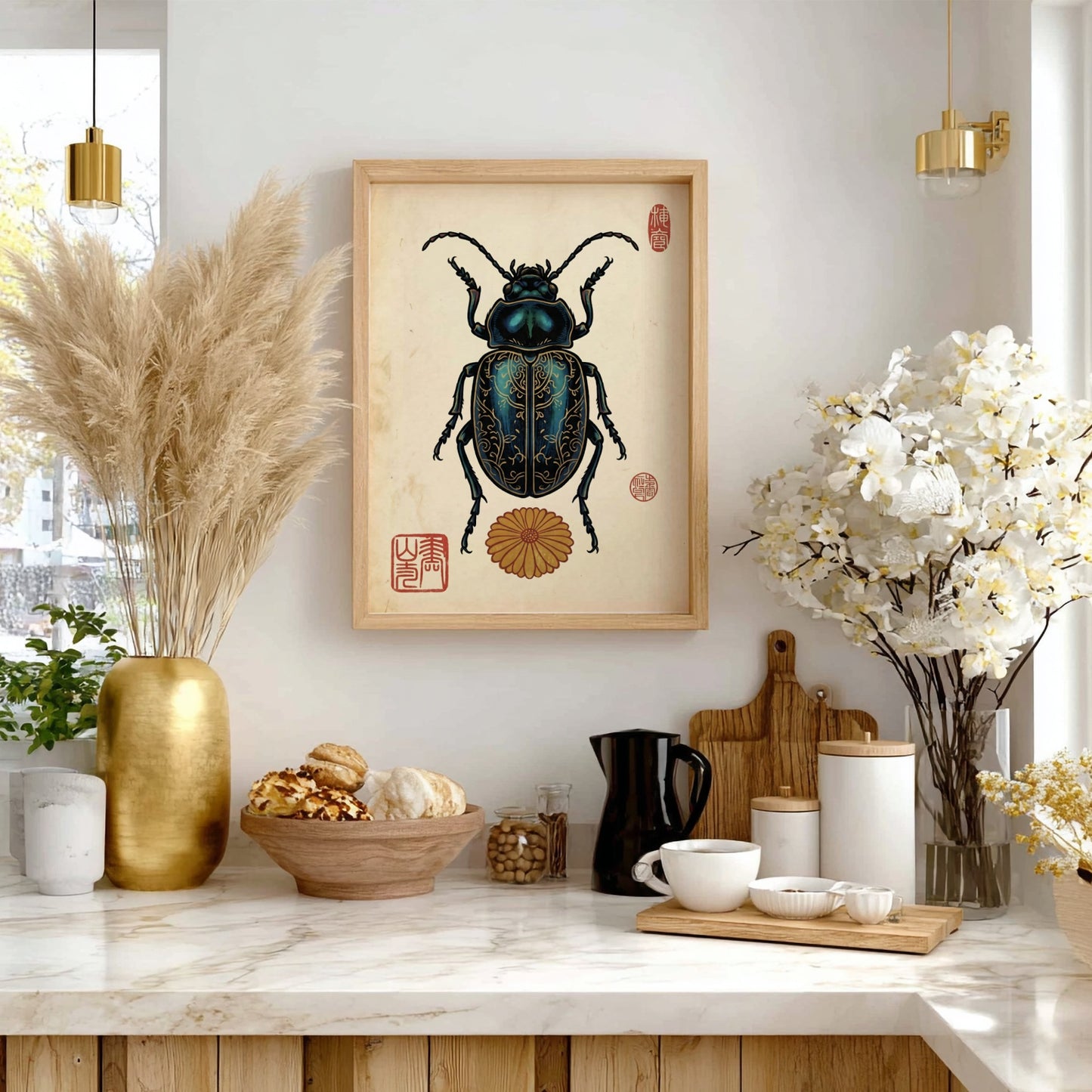 Ornate Blue Beetle Poster - Japanese Art Style Decor