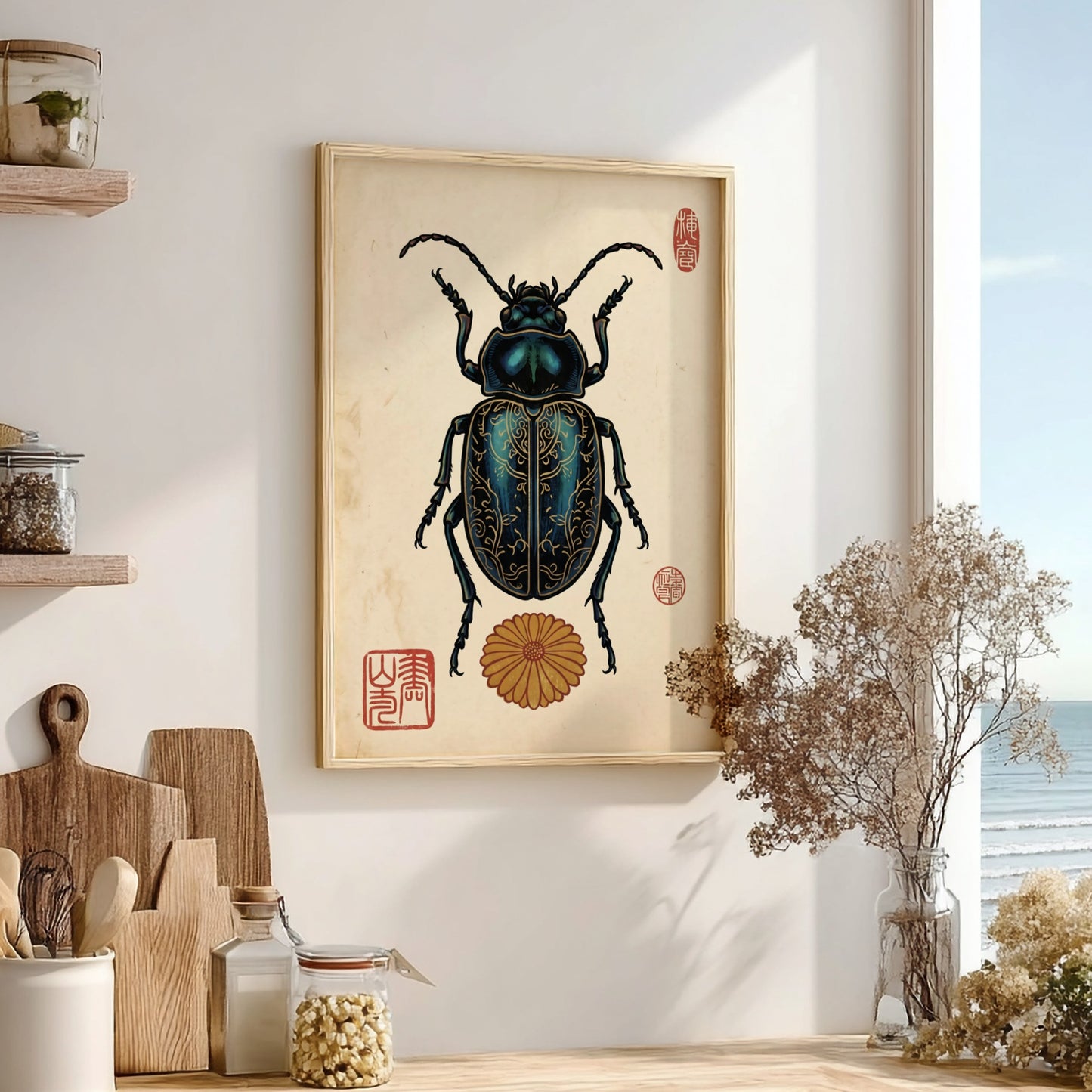 Ornate Blue Beetle Poster - Japanese Art Style Decor