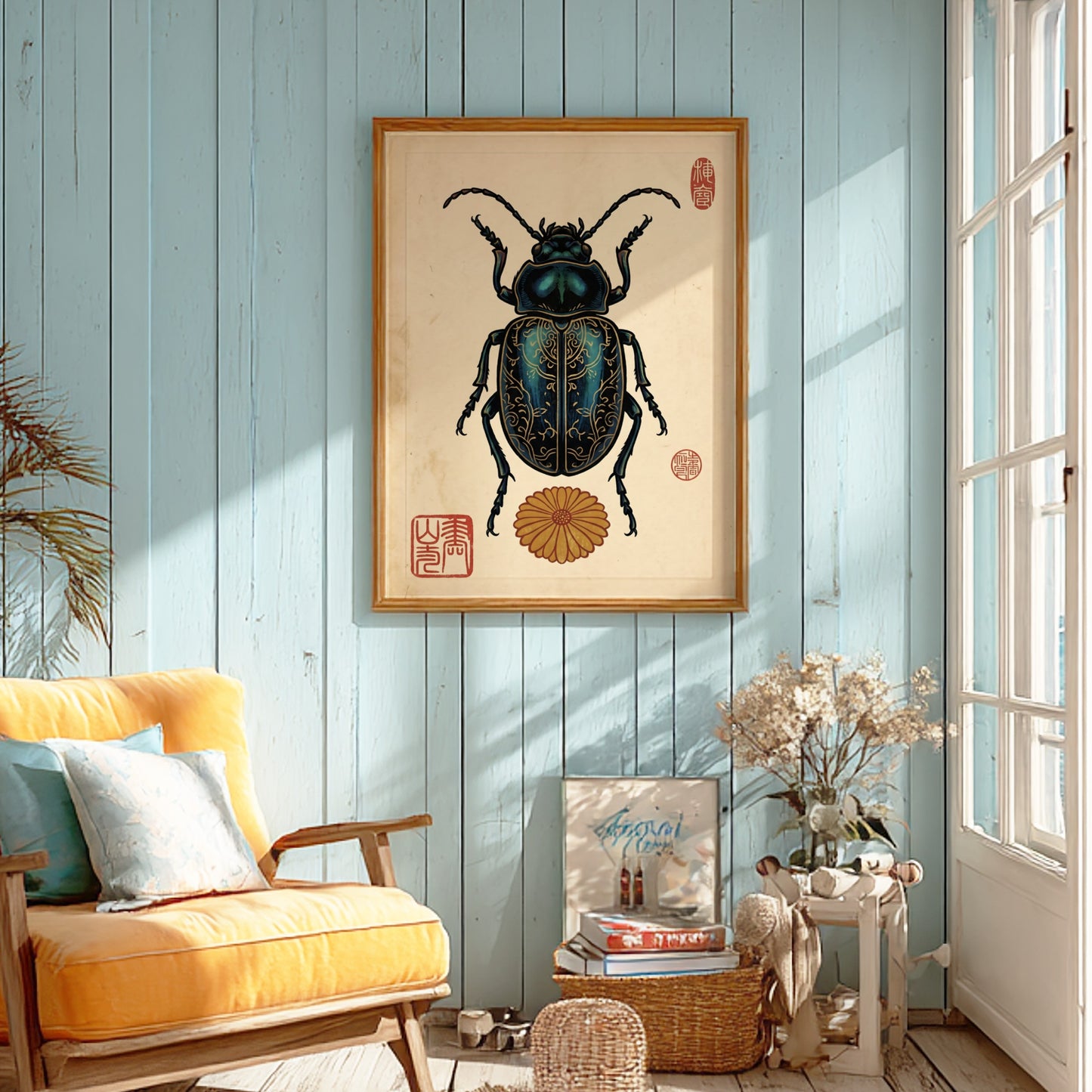 Ornate Blue Beetle Poster - Japanese Art Style Decor
