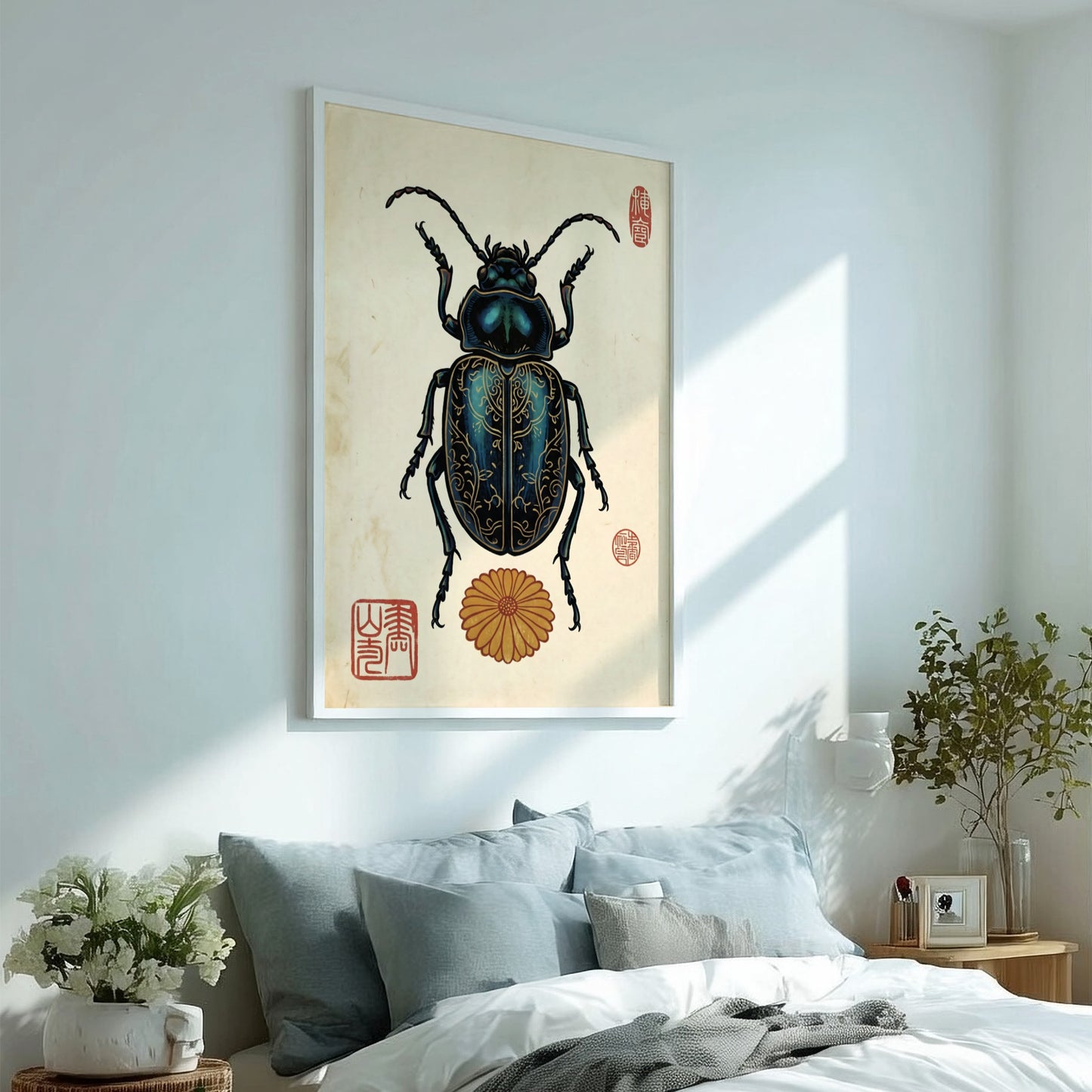 Ornate Blue Beetle Poster - Japanese Art Style Decor