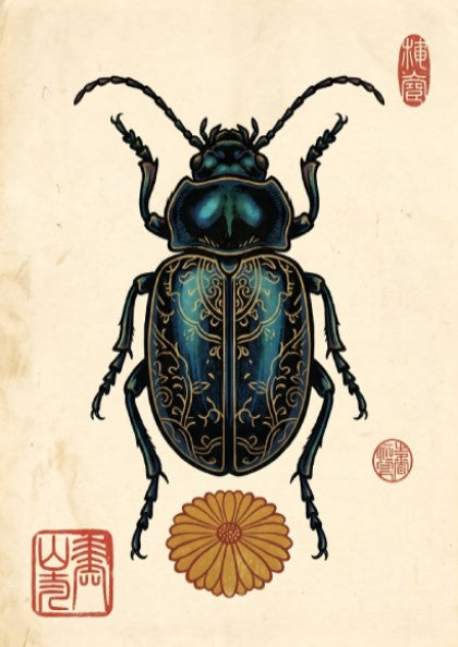 Ornate Blue Beetle Poster - Japanese Art Style Decor