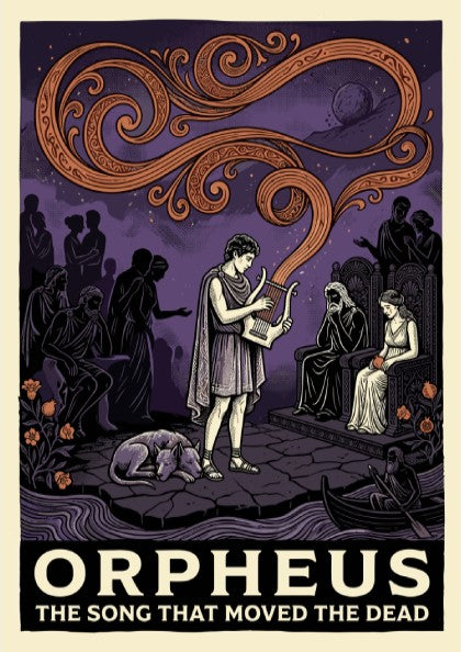 Orpheus poster featuring the musician playing a lyre before Hades and Persephone in a mythological scene with