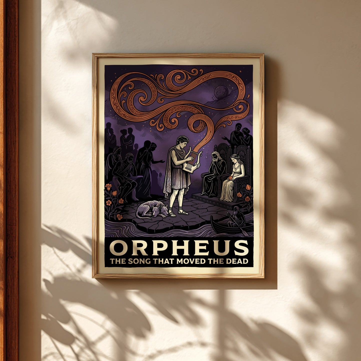 Orpheus poster featuring the musician playing a lyre before Hades and Persephone in a mythological scene with