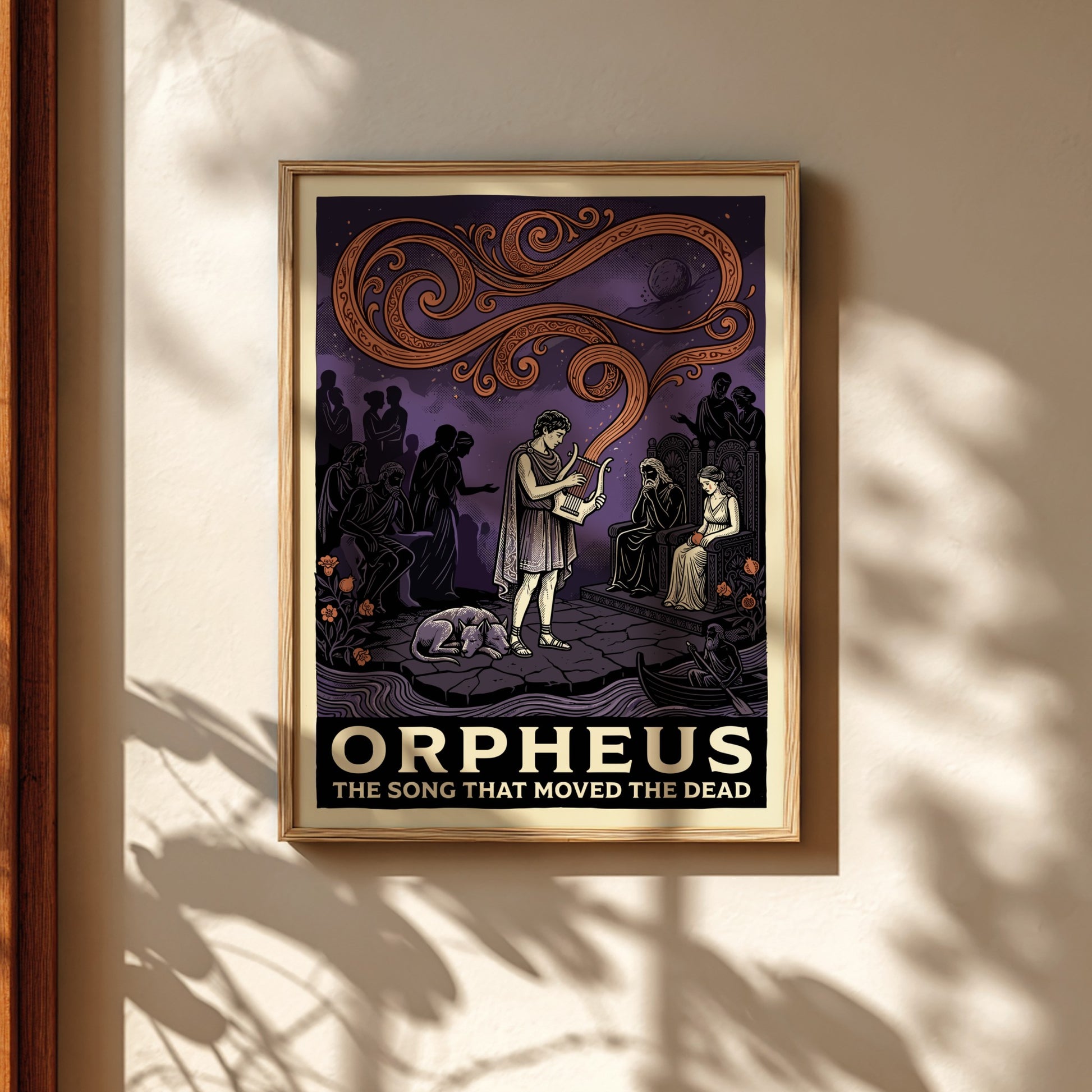 Orpheus poster featuring the musician playing a lyre before Hades and Persephone in a mythological scene with