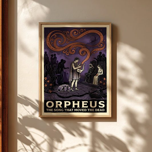 Orpheus poster featuring the musician playing a lyre before Hades and Persephone in a mythological scene with