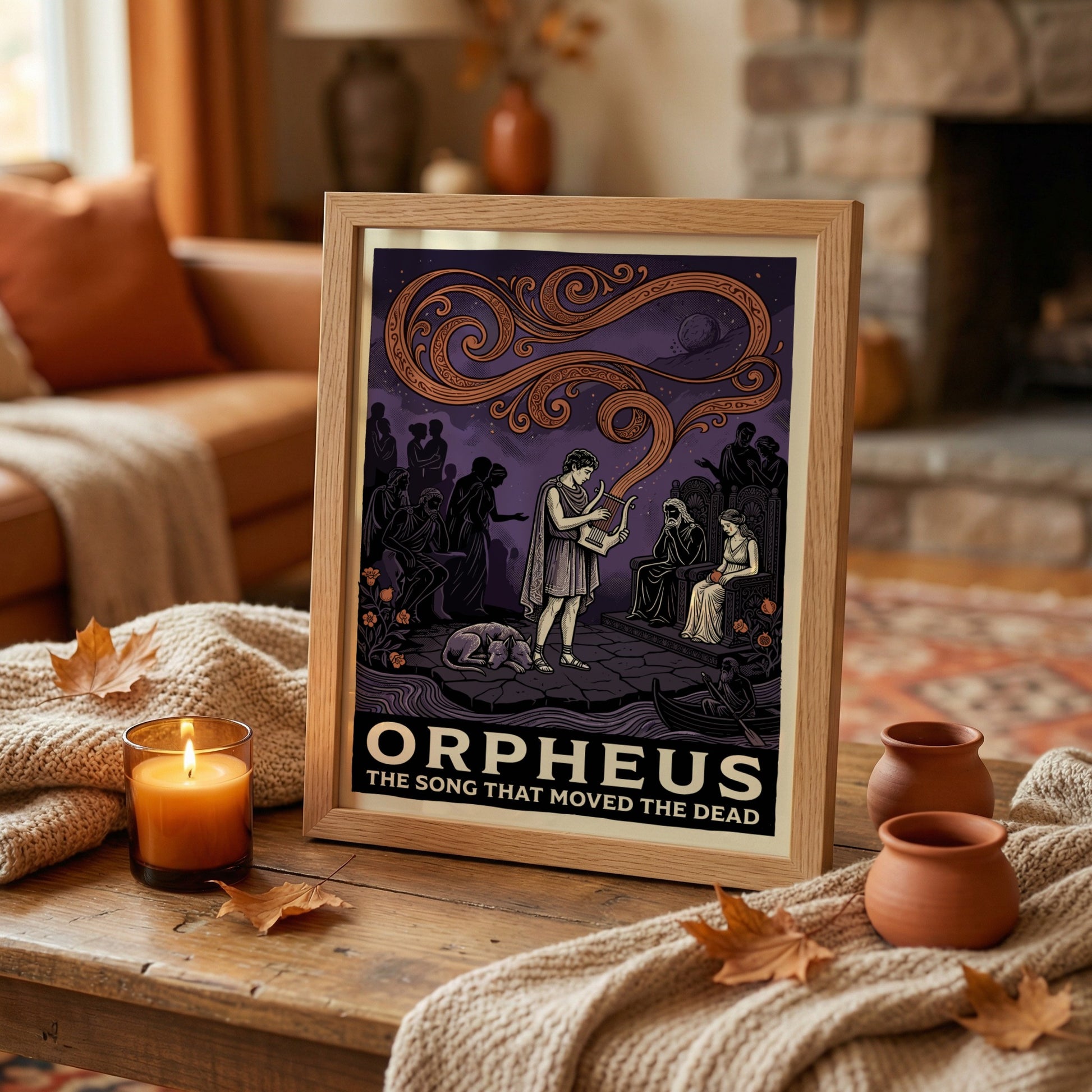 Orpheus poster featuring the musician playing a lyre before Hades and Persephone in a mythological scene with