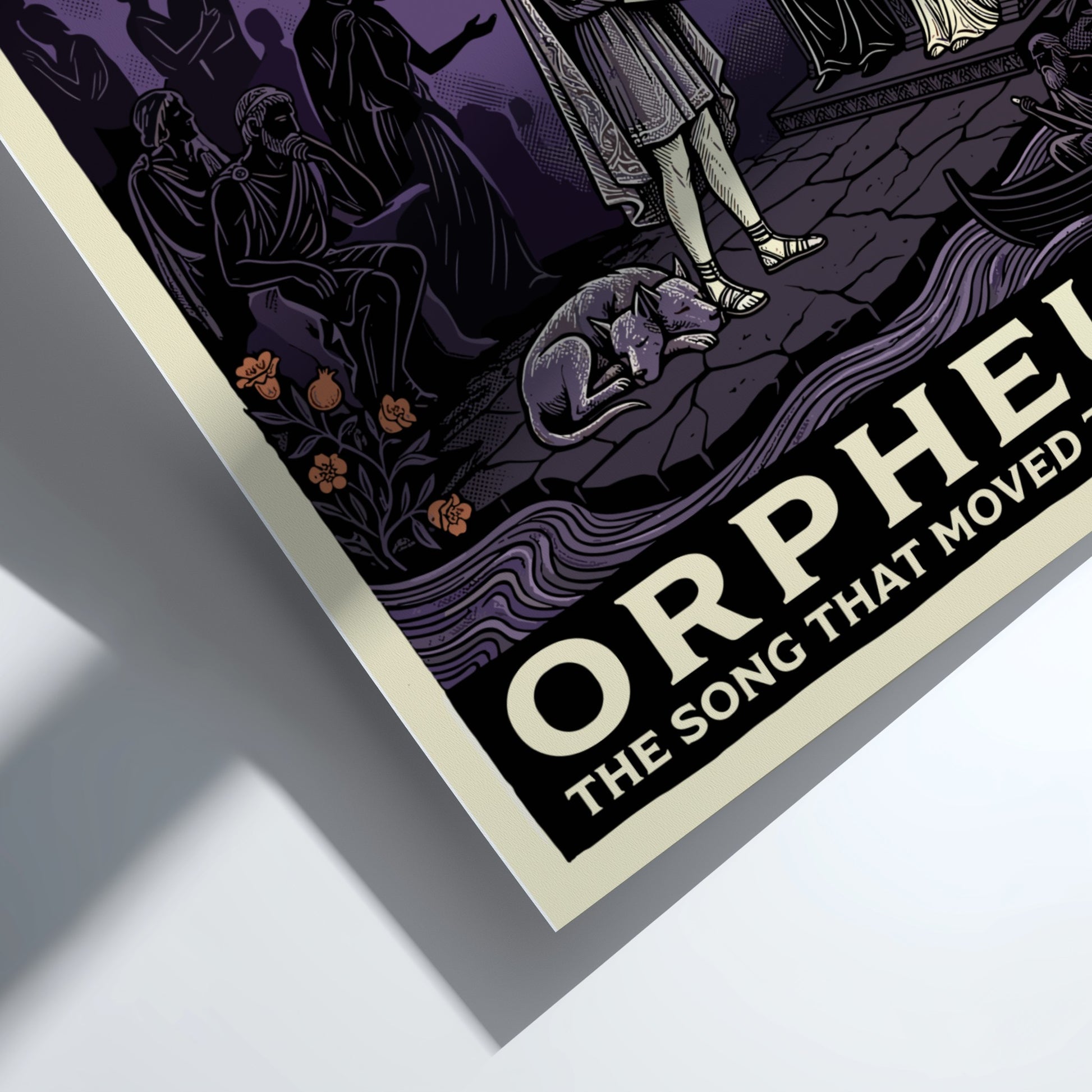 Orpheus poster featuring the musician playing a lyre before Hades and Persephone in a mythological scene with