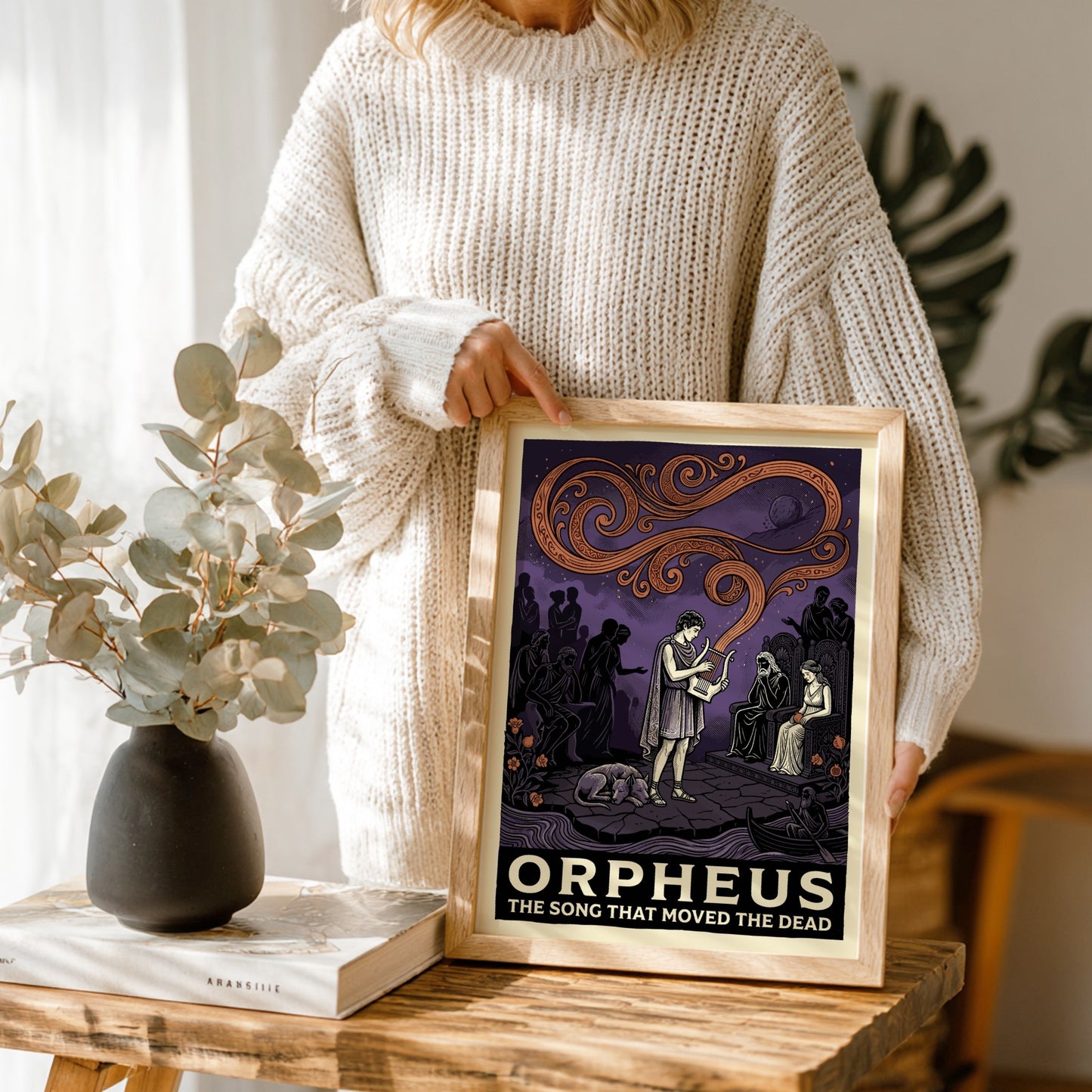 Orpheus poster featuring the musician playing a lyre before Hades and Persephone in a mythological scene with