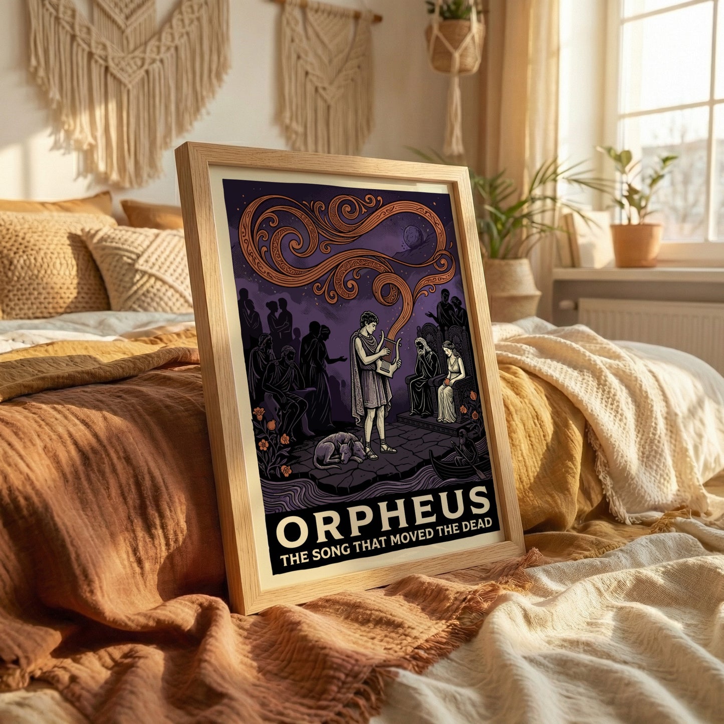 Orpheus poster featuring the musician playing a lyre before Hades and Persephone in a mythological scene with