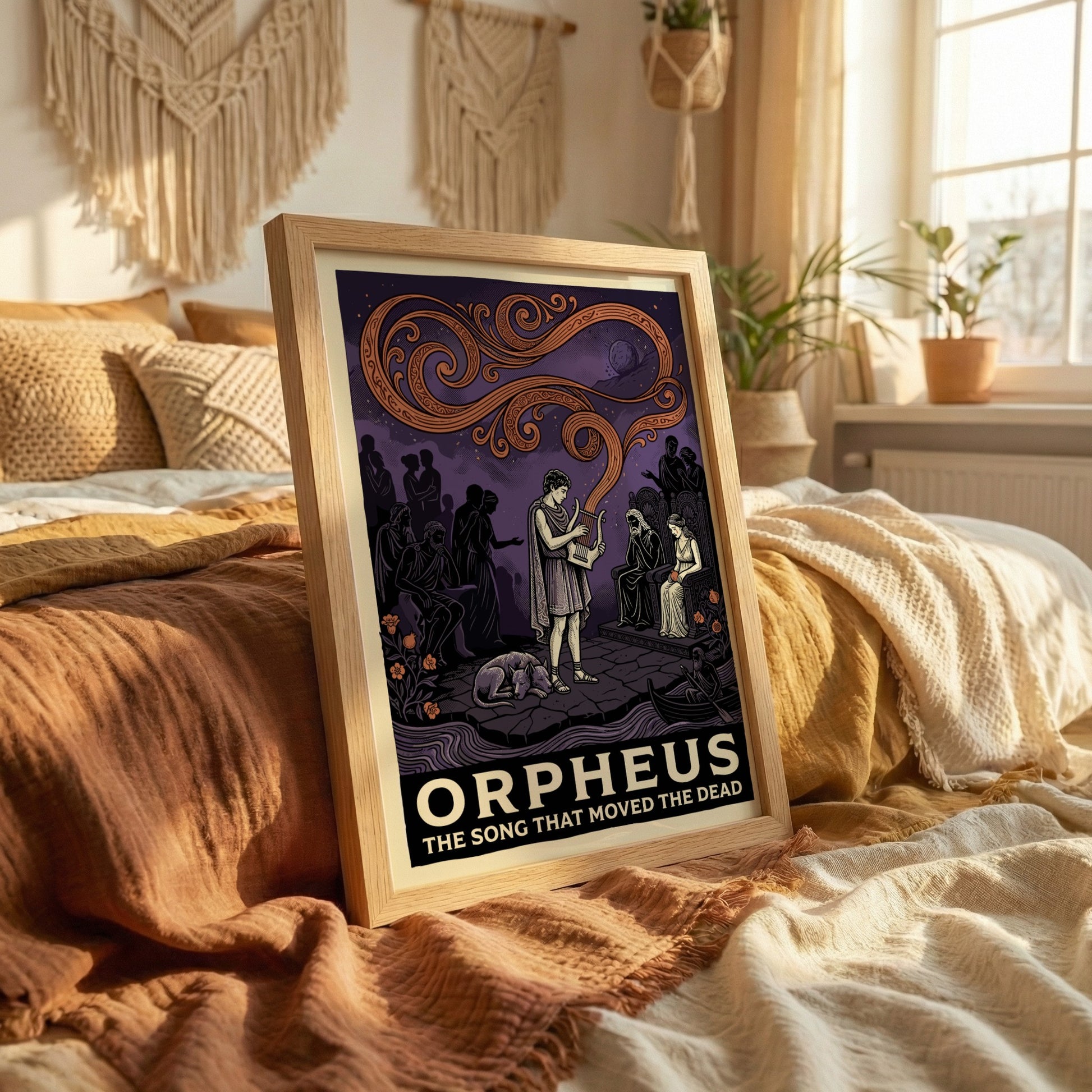 Orpheus poster featuring the musician playing a lyre before Hades and Persephone in a mythological scene with