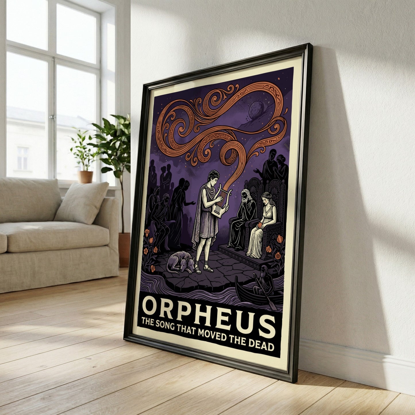 Orpheus poster featuring the musician playing a lyre before Hades and Persephone in a mythological scene with