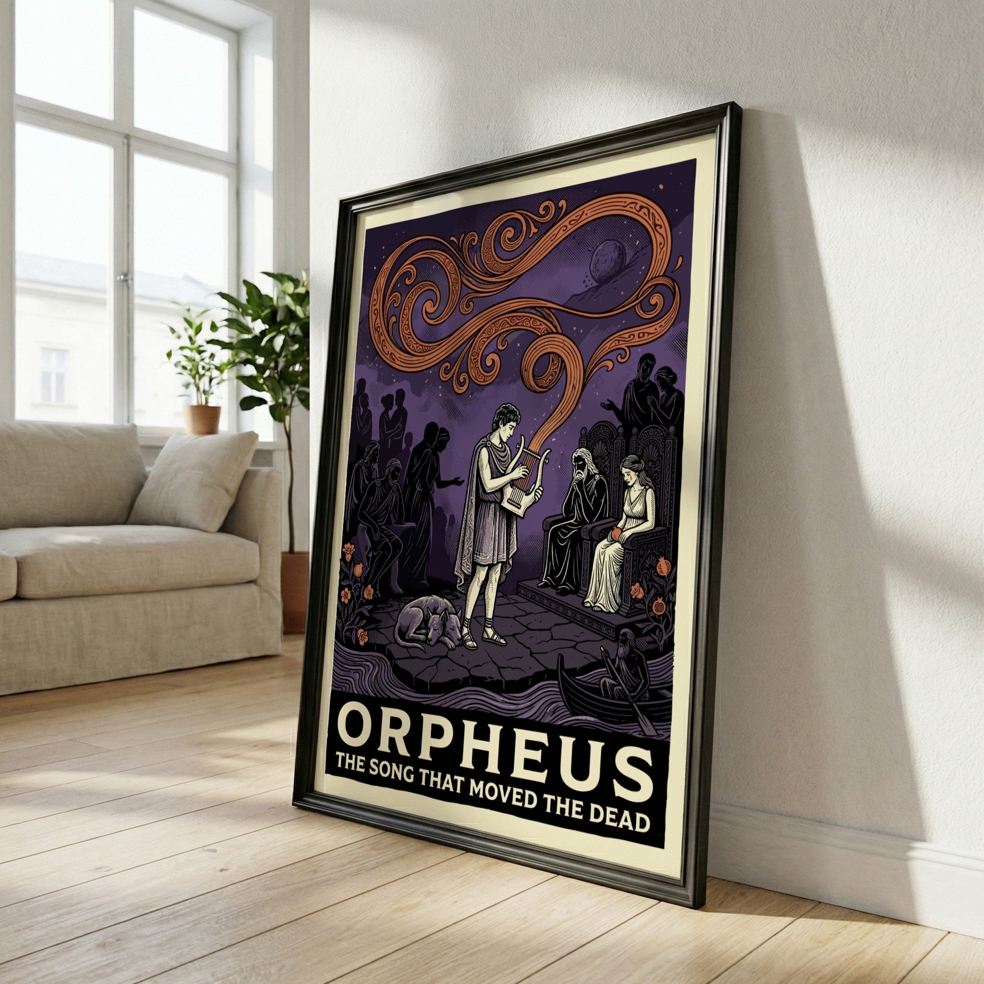 Orpheus poster featuring the musician playing a lyre before Hades and Persephone in a mythological scene with