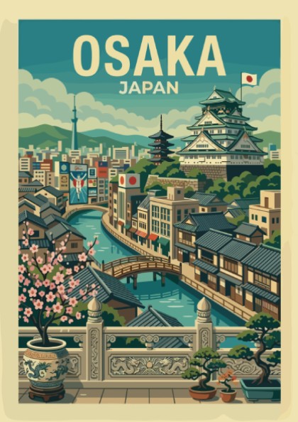 Osaka Japan travel poster featuring a vintage illustration of the city with its castle and canal, in green