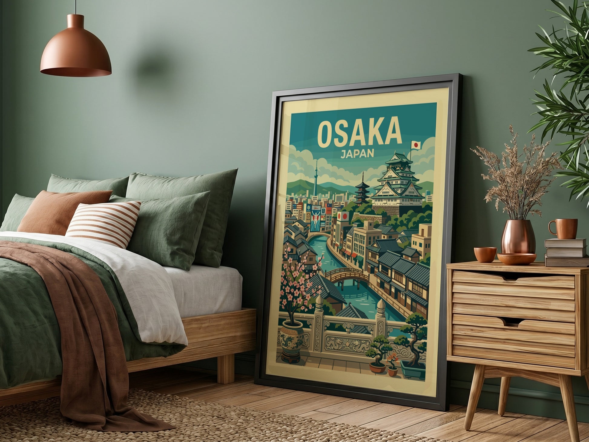 Osaka Japan travel poster featuring a vintage illustration of the city with its castle and canal, in green