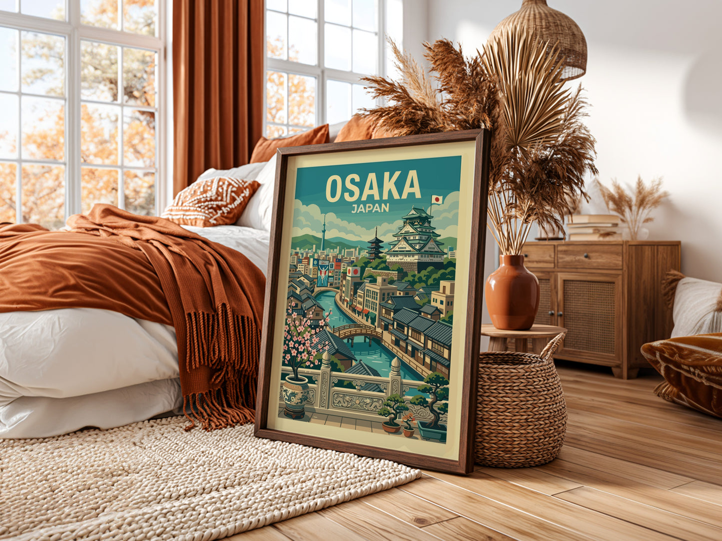 Osaka Japan travel poster featuring a vintage illustration of the city with its castle and canal, in green