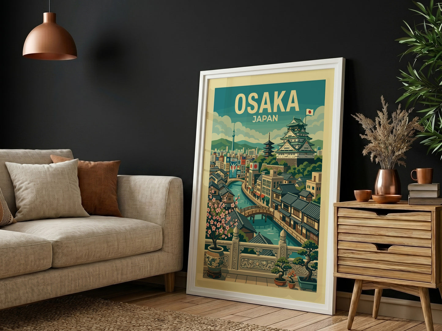 Osaka Japan travel poster featuring a vintage illustration of the city with its castle and canal, in green