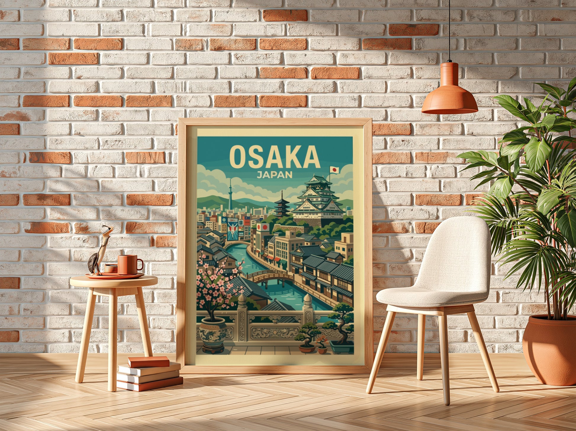 Osaka Japan travel poster featuring a vintage illustration of the city with its castle and canal, in green
