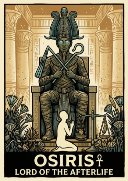Poster featuring Osiris sitting on a throne with hieroglyphics and a weighing scale.