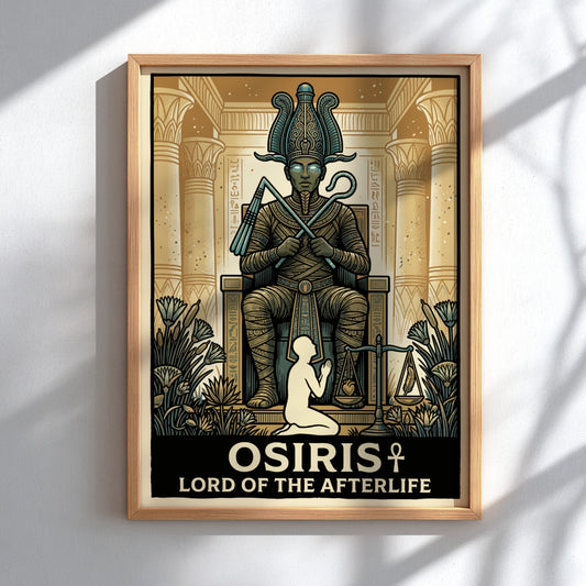 Poster featuring Osiris sitting on a throne with hieroglyphics and a weighing scale.