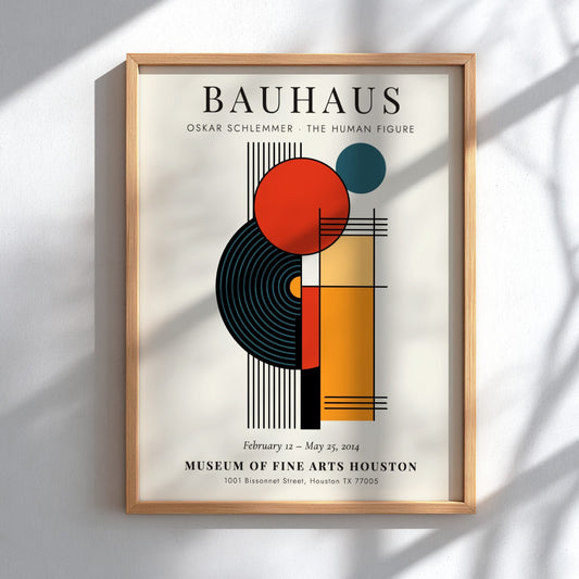 Bauhaus poster featuring Oskar Schlemmer's abstract design with geometric shapes and vibrant colors