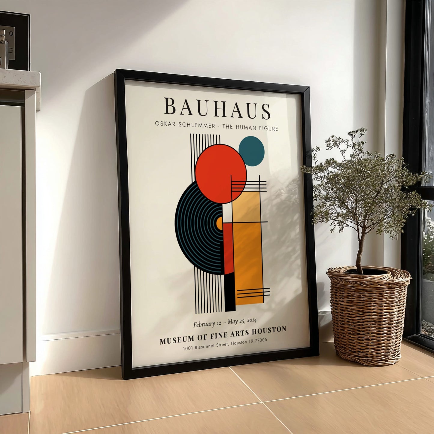 Bauhaus poster featuring Oskar Schlemmer's abstract design with geometric shapes and vibrant colors