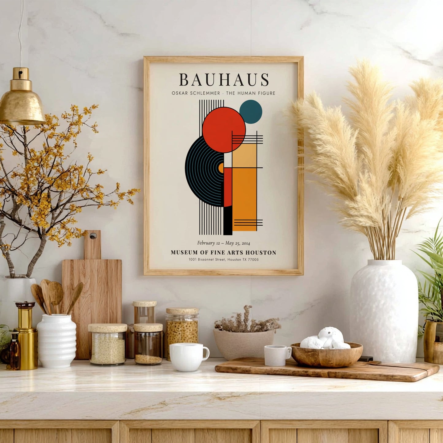 Bauhaus poster featuring Oskar Schlemmer's abstract design with geometric shapes and vibrant colors