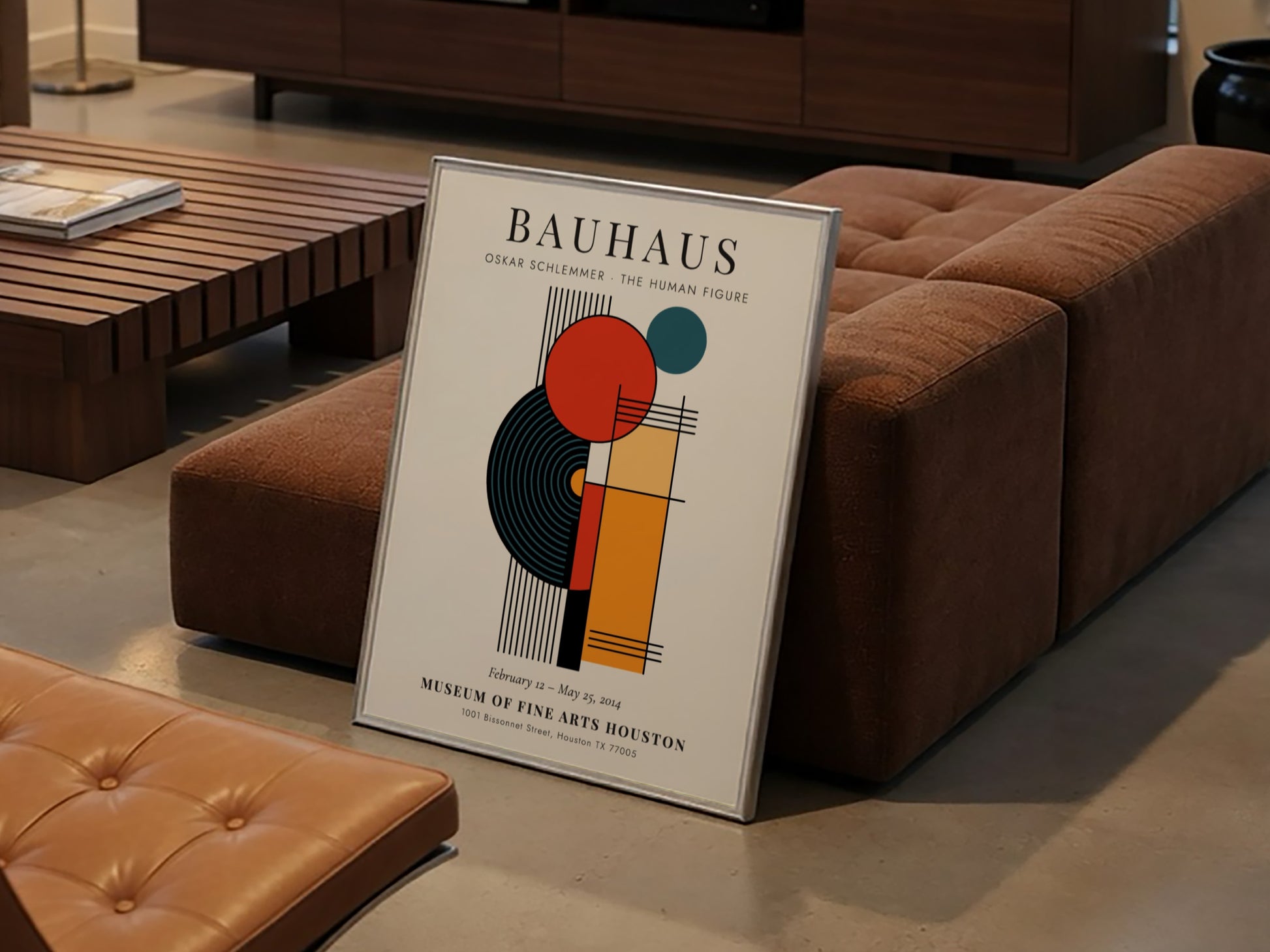 Bauhaus poster featuring Oskar Schlemmer's abstract design with geometric shapes and vibrant colors