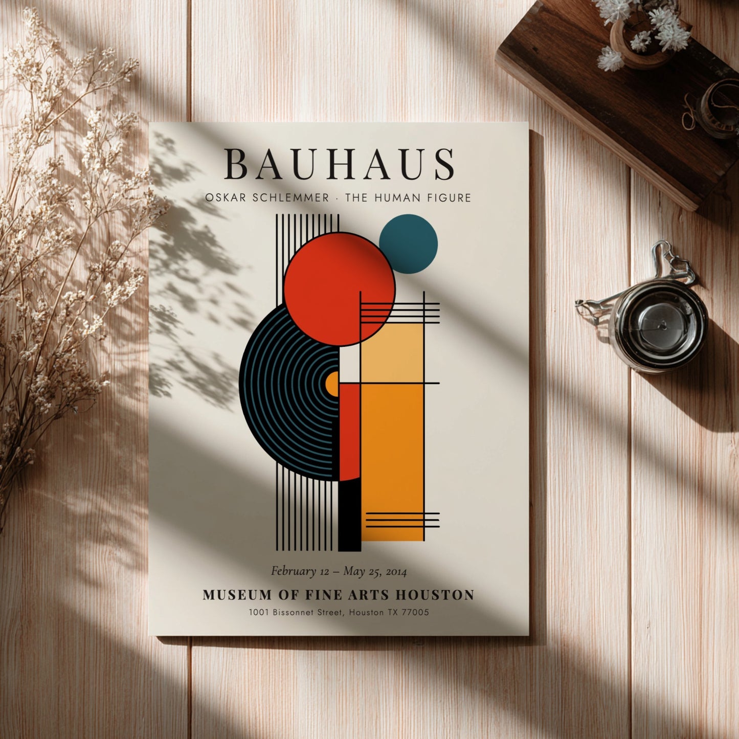 Bauhaus poster featuring Oskar Schlemmer's abstract design with geometric shapes and vibrant colors