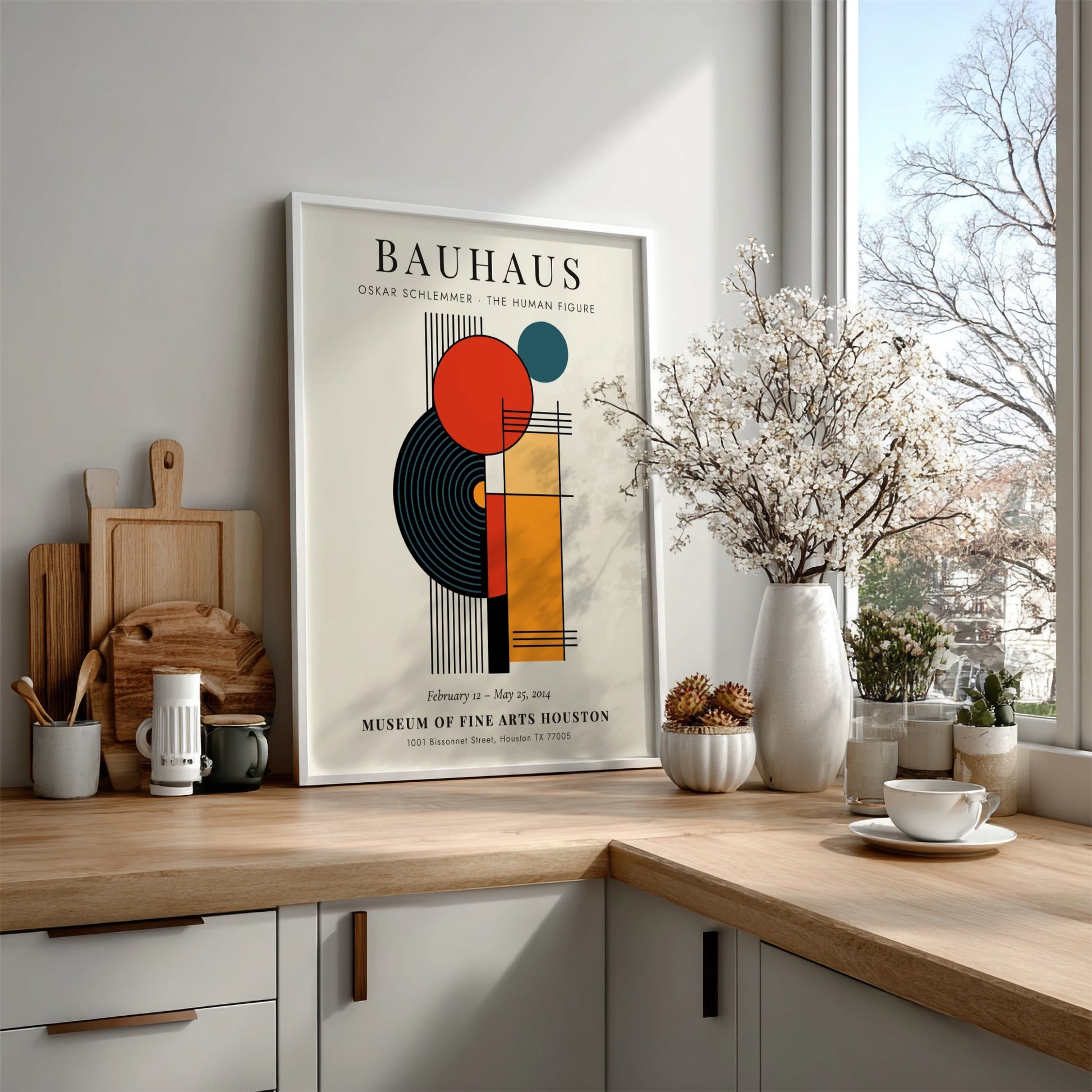 Bauhaus poster featuring Oskar Schlemmer's abstract design with geometric shapes and vibrant colors