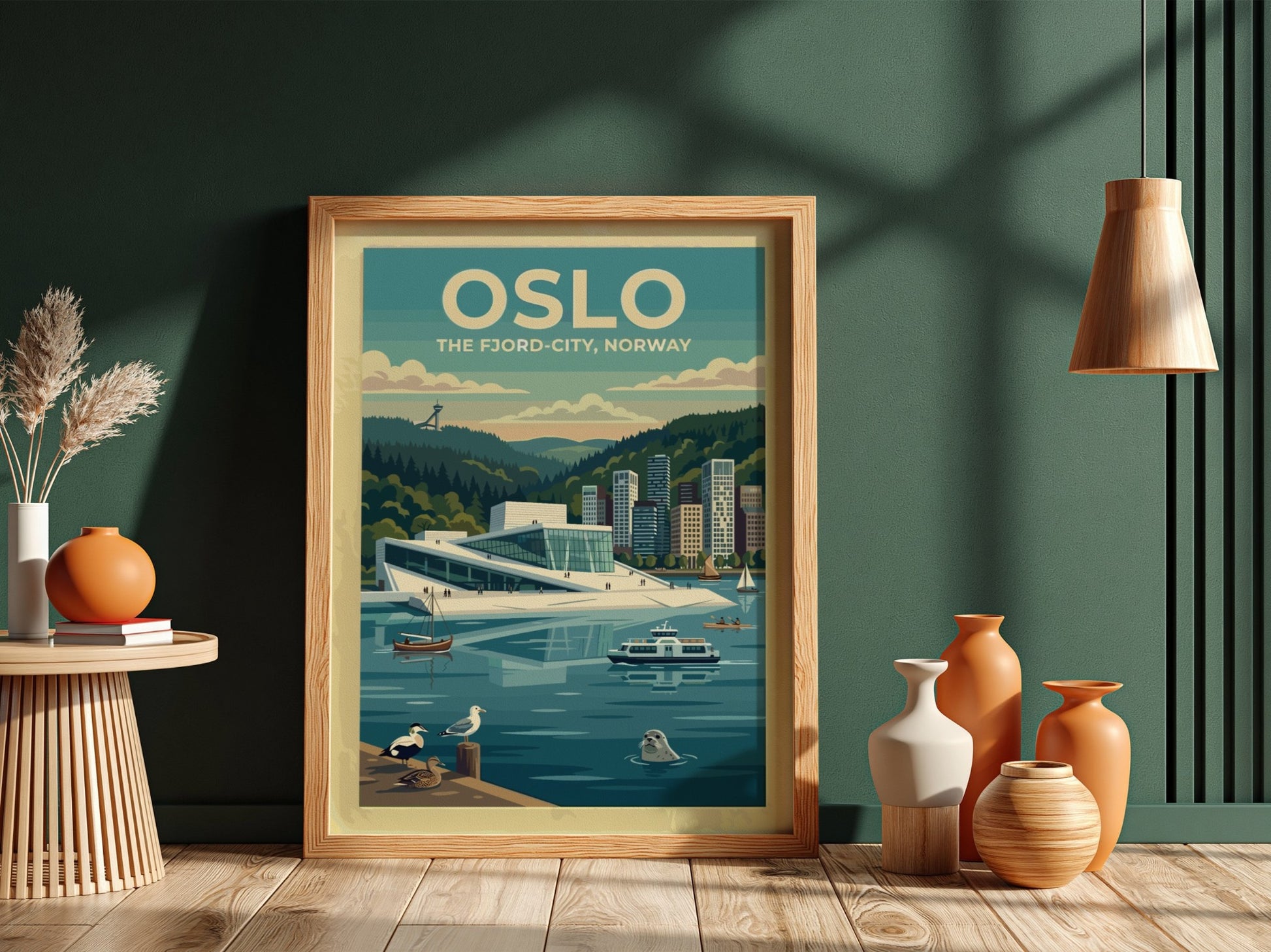 Travel poster of Oslo featuring the Opera House, a seal, and boats in blue.