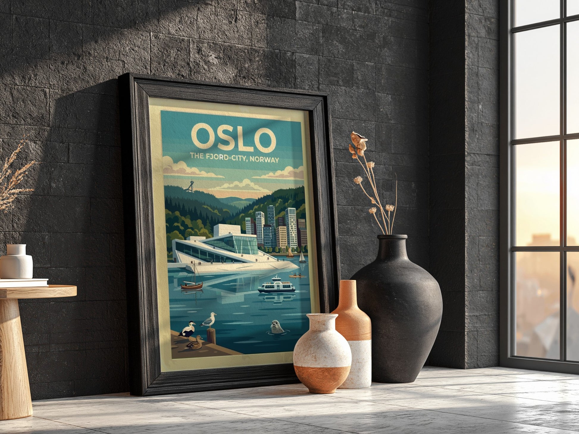 Travel poster of Oslo featuring the Opera House, a seal, and boats in blue.
