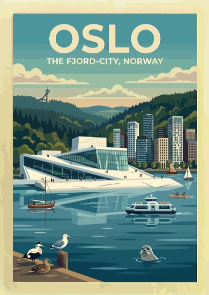 Travel poster of Oslo featuring the Opera House, a seal, and boats in blue.
