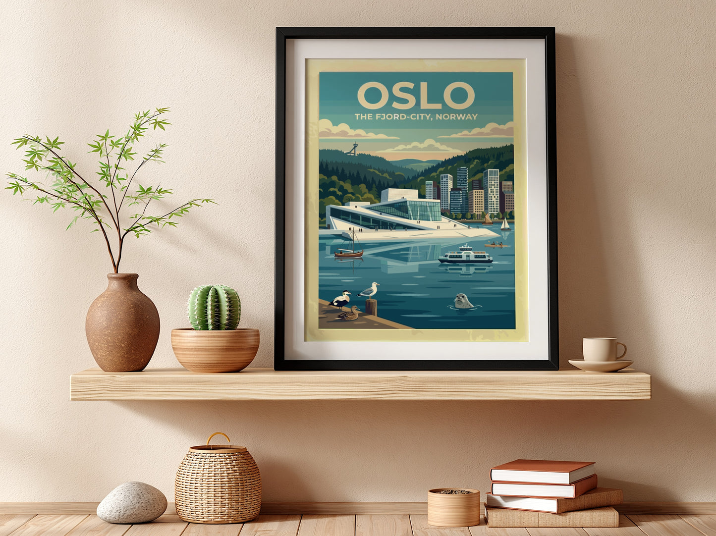 Travel poster of Oslo featuring the Opera House, a seal, and boats in blue.