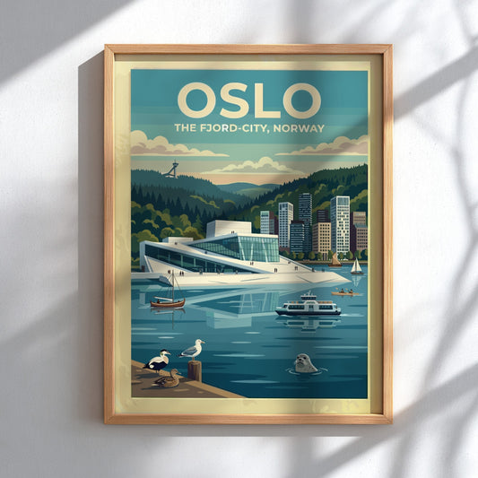 Travel poster of Oslo featuring the Opera House, a seal, and boats in blue.