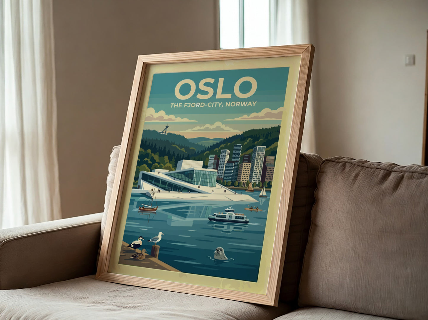Travel poster of Oslo featuring the Opera House, a seal, and boats in blue.