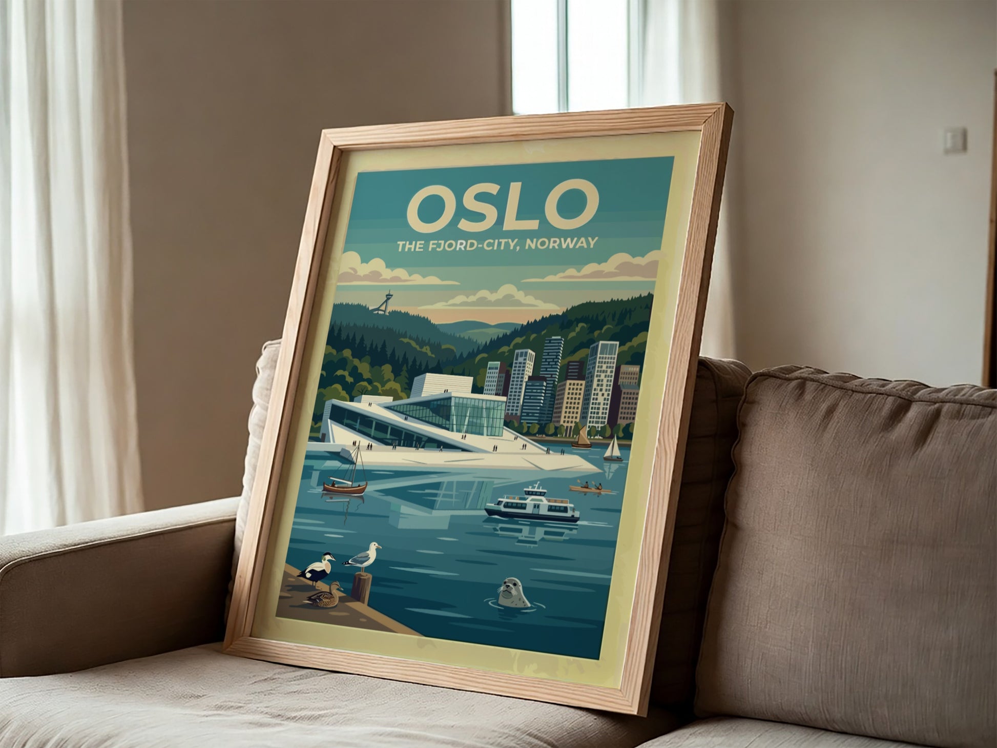 Travel poster of Oslo featuring the Opera House, a seal, and boats in blue.