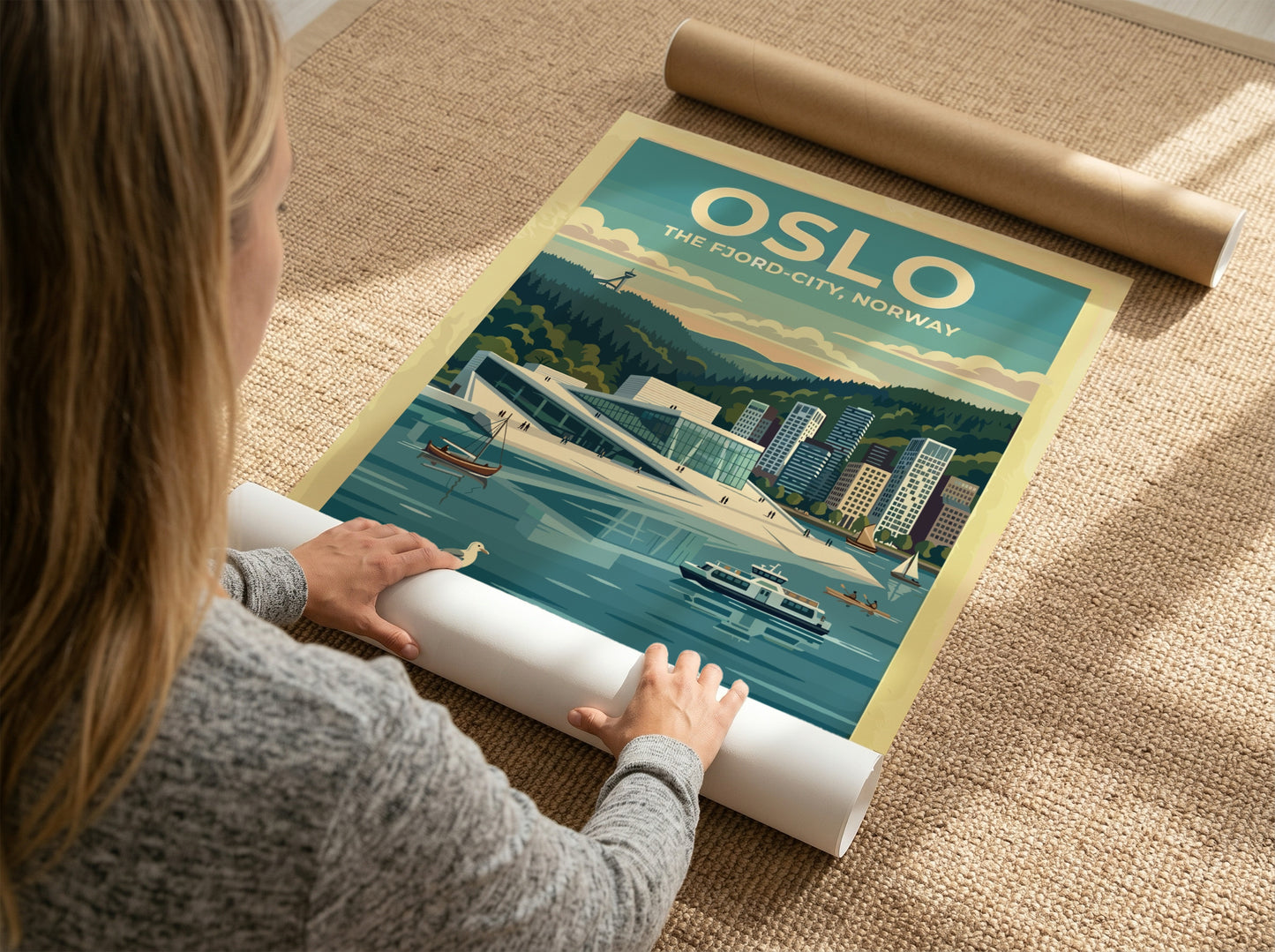 Travel poster of Oslo featuring the Opera House, a seal, and boats in blue.